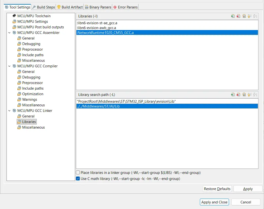 STM32CubeIDE linker libraries configuration